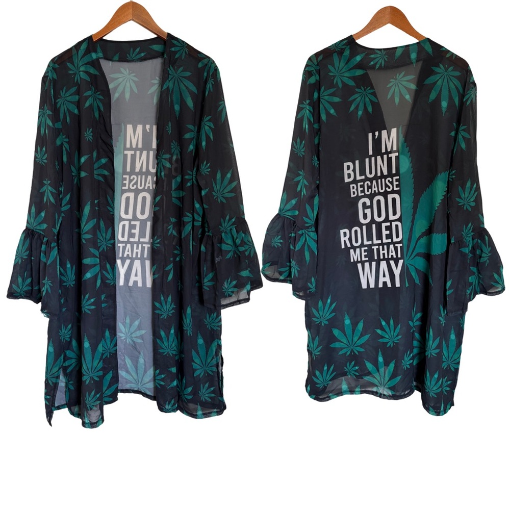 Im Blunt Because God Rolled Me That Way Sheer Black and Green Leaf Print Kimono